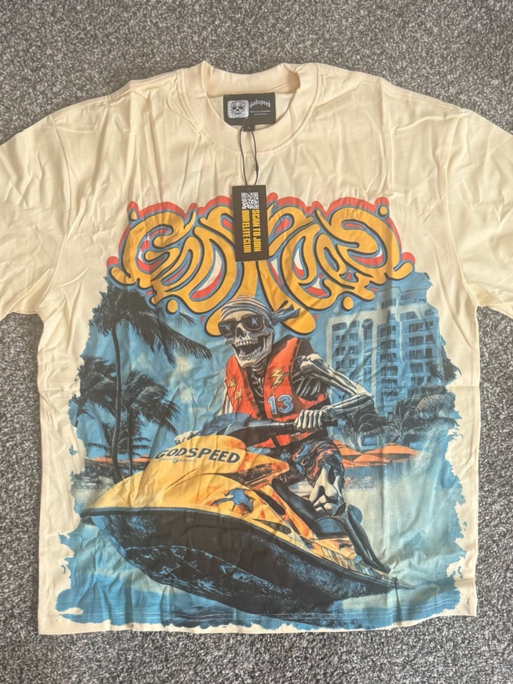 Graphic Skull Jet Ski Tee - Cream/Blue